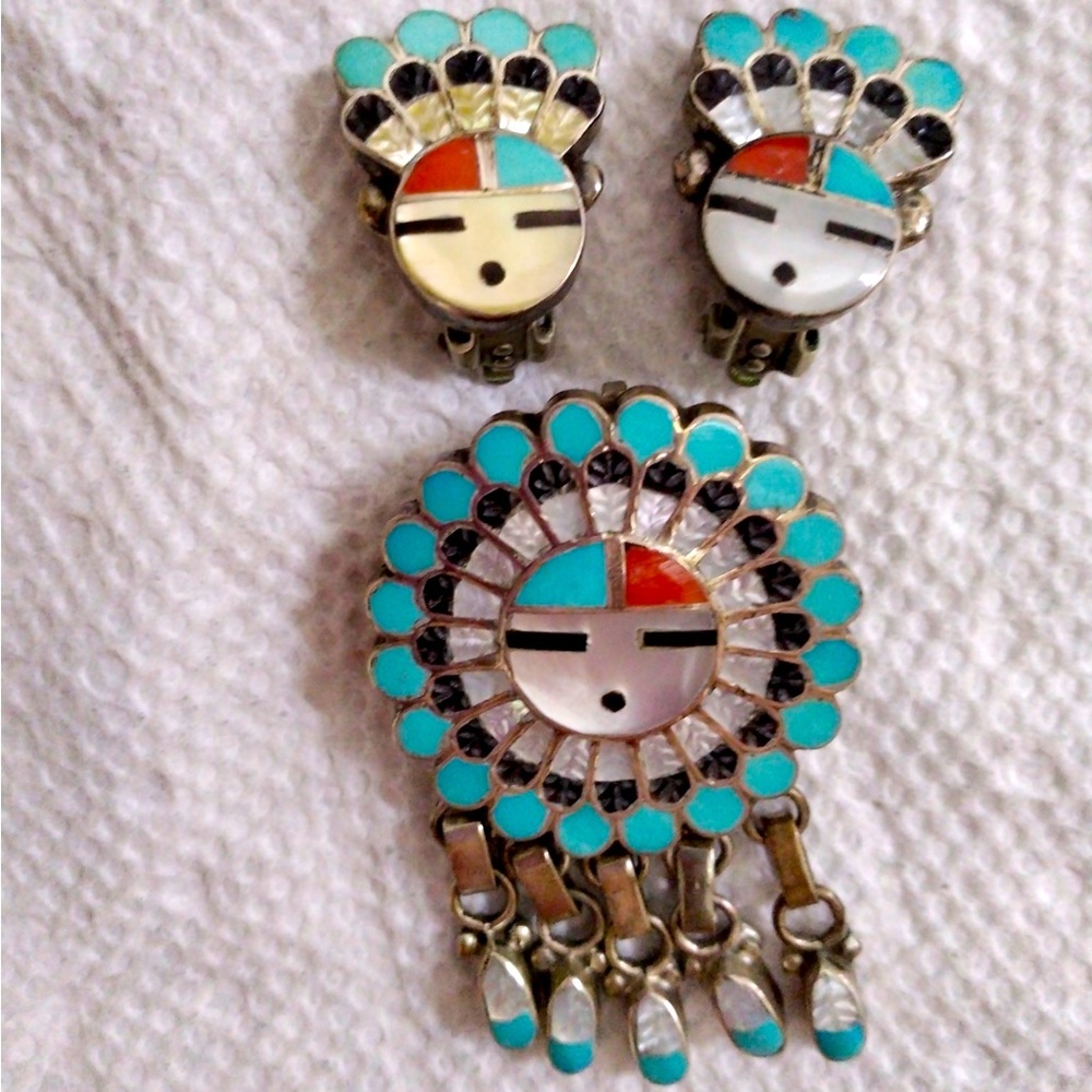 Old Native American Zuni MultiStone Sterling Silver Earrings And Pendant
